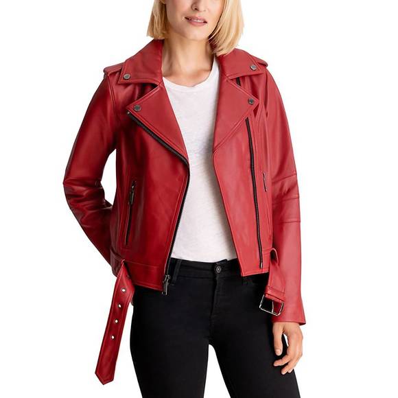 NEW MICHAEL KORS moto belted zip up leather jacket in scarlet - Picture 2 of 3